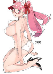 Rule 34 | 1girl, :o, animal ears, arms at sides, ass, back, bikini, black footwear, blunt bangs, blush, bow, breasts, character name, cleavage, eyebrows, from side, full body, glasses, hair bow, high heels, large breasts, long hair, looking at viewer, looking back, oekaki, open mouth, original, pink eyes, pink hair, red-framed eyewear, red bow, semi-rimless eyewear, shoes, side-tie bikini bottom, simple background, skindentation, solo, srco, strap gap, swimsuit, teeth, twintails, under-rim eyewear, white background, white bikini, whoosaku