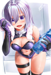 Rule 34 | 1girl, absurdres, ayakase hotaru, blush, bottle, breasts, canteen, cleavage, commentary request, cowboy shot, drying, elbow gloves, fate/grand order, fate (series), gloves, highres, leaning forward, looking at viewer, mash kyrielight, medium breasts, navel, open mouth, purple eyes, purple hair, short hair, signature, smile, solo, standing, sweat, thigh strap, towel, towel around neck, water bottle, white towel