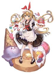 Rule 34 | 1girl, balusah, blonde hair, blue eyes, closed mouth, food, full body, headband, highres, ice cream, long hair, looking at viewer, mahjong soul, maid, maid headdress, mikami chiori, official art, smile, solo, twintails, white background