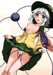 Rule 34 | 1girl, absurdres, bad id, bad pixiv id, bare shoulders, blouse, blush, breasts, clothes lift, dutch angle, exfeet, green eyes, hat, hetero, highres, komeiji koishi, nipples, no bra, object insertion, off shoulder, open clothes, open shirt, panties, sex toy, shirt, short hair, silver hair, simple background, skirt, skirt lift, small breasts, solo focus, striped clothes, striped panties, third eye, touhou, underwear, upskirt, vibrator
