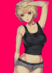 Rule 34 | 1girl, alternate breast size, amano ai, arm behind back, arm up, armpits, backlighting, bare shoulders, blonde hair, blunt bangs, breasts, buttons, collarbone, cowboy shot, crop top, den&#039;ei shoujo, grey panties, hand on own forehead, light smile, lips, medium breasts, midriff, murata tomohide, panties, short hair, simple background, sleeveless, solo, standing, tank top, underwear
