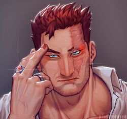 Rule 34 | 1boy, alternate costume, alternate hairstyle, bara, beard stubble, blue eyes, boku no hero academia, collared shirt, earrings, endeavor (boku no hero academia), expressionless, eyeshadow, facial hair, glint, hand on own face, head tilt, jewelry, large hands, lipstick, looking at viewer, lotus emilie, makeup, male focus, mature male, meme, multiple rings, muscular, muscular male, mustache stubble, orange eyeshadow, portrait, red nails, ring, scar, scar across eye, shirt, short hair, sideburns, single earring, solo, stubble, veins, veiny hands, yassification (meme)