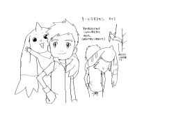 Rule 34 | 2boys, :3, absurdres, animal ears, character sheet, digimon, digimon (creature), digimon tamers, highres, horns, li jianliang, monochrome, multiple boys, official art, salute, scan, short hair, simple background, single horn, size comparison, size difference, smile, standing, tail, terriermon, translation request, white background