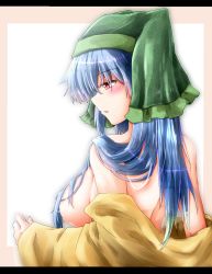 Rule 34 | 1girl, bare shoulders, beige border, blue hair, blush, breasts, unworn clothes, dress, unworn dress, from behind, gradient hair, green hair, green headwear, hair censor, hair over breasts, hair over shoulder, half-closed eyes, haniyasushin keiki, head scarf, highres, jpeg artifacts, large breasts, letterboxed, long hair, looking to the side, multicolored hair, oshiaki, outline, parted lips, pink lips, profile, purple hair, red eyes, shiny skin, simple background, solo, touhou, upper body, white background, yellow dress