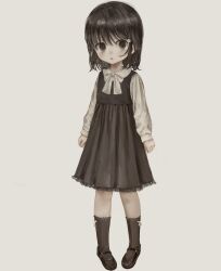 Rule 34 | 1girl, absurdres, arms at sides, bow, bowtie, brown dress, brown eyes, brown footwear, brown hair, brown socks, child, collared dress, dress, flower, full body, hair flower, hair ornament, highres, lace, lace-trimmed dress, lace trim, long sleeves, looking at viewer, mary janes, medium hair, miyakawa haruka (namuta), namuta, original, parted lips, pigeon-toed, pinafore dress, shirt, shoes, simple background, sleeveless, sleeveless dress, socks, solo, standing, white background, white bow, white bowtie, white flower, white shirt