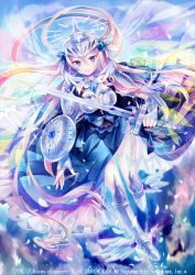Rule 34 | 1girl, angel, angel wings, ankle wings, armor, armored dress, blue dress, blue eyes, blush, copyright name, dress, energy wings, full body, gradient wings, halo, headpiece, ibara riato, long hair, looking at viewer, michael (z/x), multicolored wings, official art, pink hair, shield, solo, sword, toutatsu no shitenshi michael, tsurime, watermark, weapon, wings, z/x