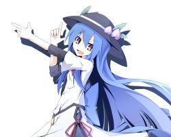 Rule 34 | 1girl, adapted costume, bad id, bad pixiv id, blue hair, bow, female focus, food, fruit, hat, hinanawi tenshi, ichiyan, leaf, long hair, open mouth, peach, red eyes, ribbon, simple background, solo, touhou, very long hair