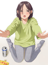 Rule 34 | 1girl, blush, brown eyes, brown hair, can, eyebrows hidden by hair, green shirt, grey pants, grey socks, half-closed eyes, long sleeves, looking at viewer, mattaku mousuke, no socks, open mouth, original, outstretched arms, pants, parted bangs, shirt, sitting, socks, soles, solo, twitter username, wariza, white background