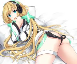 Rule 34 | 1girl, angela balzac, ass, bed sheet, blonde hair, blue eyes, breasts, headphones, large breasts, leotard, long hair, looking at viewer, lying, minami machi, on stomach, open mouth, pillow, rakuen tsuihou, solo, twintails