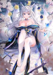 Rule 34 | 1girl, absurdres, animal ear fluff, animal ears, azur lane, bare shoulders, black kimono, blue eyes, blurry, blurry foreground, breasts, cleavage, closed mouth, collarbone, commentary request, depth of field, flower, fox ears, fox girl, fox tail, hair flower, hair ornament, highres, japanese clothes, kimono, kitsune, kiyosato 0928, large breasts, long hair, long sleeves, looking at viewer, moon phases, no shoes, off shoulder, pleated skirt, shinano (azur lane), silver hair, skirt, smile, solo, tail, thighhighs, white flower, white skirt, white thighhighs, wide sleeves