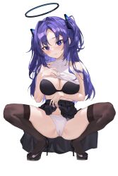 Rule 34 | 1girl, absurdres, black bra, black footwear, black halo, black skirt, black thighhighs, blue archive, blue eyes, blue hair, blush, bra, breasts, clothes lift, collarbone, commentary request, frown, full body, halo, hido88, high heels, highres, korean commentary, large breasts, long hair, looking at viewer, mechanical halo, pleated skirt, shirt, simple background, skirt, skirt lift, sleeveless, sleeveless shirt, solo, spread legs, squatting, stiletto heels, sweat, thighhighs, two side up, underwear, variant set, white background, white shirt, yuuka (blue archive)