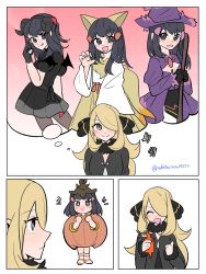 Rule 34 | 2girls, alternate costume, black coat, black hair, blonde hair, blush, brown headwear, closed mouth, coat, comic, commentary request, cosplay, creatures (company), cynthia (pokemon), dawn (pokemon), eyelashes, fur collar, game freak, gen 4 pokemon, gen 6 pokemon, grey eyes, hair ornament, hair over one eye, halloween costume, hat, highres, holding, holding phone, long sleeves, multiple girls, nintendo, notice lines, phone, pokemon, pokemon dppt, pumpkaboo, pumpkaboo (cosplay), rotom, rotom phone, smile, socks, striped clothes, striped socks, thought bubble, thumbs up, v-neck, wavy hair, whitecrow9522