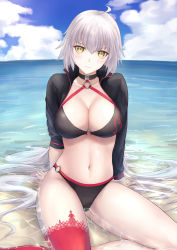 Rule 34 | 1girl, absurdres, ahoge, beach, bikini, black bikini, black choker, black jacket, blue sky, blush, breasts, choker, cleavage, closed mouth, collarbone, cropped jacket, day, fate/grand order, fate (series), highres, jacket, jeanne d&#039;arc alter (swimsuit berserker) (fate), jeanne d&#039;arc (fate), jeanne d&#039;arc alter (fate), jeanne d&#039;arc alter (swimsuit berserker) (fate), large breasts, long hair, long sleeves, looking at viewer, navel, o-ring, o-ring bikini, ocean, okuma707, pale skin, red thighhighs, revision, silver hair, single thighhigh, sitting, sky, solo, swimsuit, thighhighs, thighs, very long hair, yellow eyes