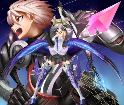 Rule 34 | 1boy, 1girl, armor, armored dress, crown, crystal, dress, gwendolyn (odin sphere), highres, leg wings, low wings, odin sphere, oswald, polearm, pteruges, spear, strapless, strapless dress, sword, takebi, thighhighs, weapon, wings, zettai ryouiki