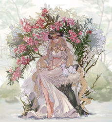 Rule 34 | 1girl, arknights, bare shoulders, barefoot, bird, blonde hair, blue eyes, blunt bangs, breasts, cleavage, closed mouth, coin (ornament), dappled sunlight, day, detached collar, flower, full body, hair ornament, head chain, highres, horns, jewelry, lake, leaf hair ornament, long hair, long skirt, long sleeves, looking at viewer, medium breasts, midriff, navel, nightingale (arknights), off shoulder, pelt, pink flower, plantar flexion, rabbit, see-through, sitting, skirt, skirt set, solo, stone, sunlight, tree, under tree, veil, very long hair, water, white skirt, yktori