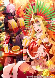Rule 34 | 1boy, 1girl, ;d, bag, beckoning, bell, black coat, burger, christmas, christmas ornaments, christmas tree, closed mouth, coat, copyright notice, cup, disposable cup, dress, drinking straw, fast food, fate/grand order, fate (series), feather hair ornament, feathers, feet out of frame, food, fur-trimmed dress, fur trim, gloves, hair ornament, hair over one eye, hanging light, headdress, holding, holding bag, holding cup, jingle bell, karna (fate), karna (santa) (fate), low-tied sidelocks, mcdonald&#039;s, meiji ken, official art, one eye closed, open mouth, paper bag, parted bangs, quetzalcoatl (fate), quetzalcoatl (samba santa) (fate), red gloves, ribbon, sandbag, sitting, smile, standing, table
