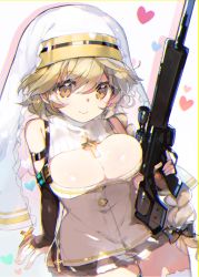Rule 34 | 1girl, :&gt;, atsumi jun, blush, braid, breasts, bridal gauntlets, brown eyes, brown hair, character request, cleavage, closed mouth, cross, gun, h&amp;k psg1, habit, heart, highres, holding, holding gun, holding weapon, large breasts, long hair, rifle, scope, sniper rifle, solo, thigh gap, thighhighs, trickster (ntreev soft), very long hair, weapon, white thighhighs