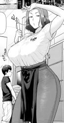 Rule 34 | 1boy, 1girl, :o, apron, arm up, black apron, black hair, black shirt, breasts, commentary request, copyright request, etuzan jakusui, forehead, greyscale, high-waist pants, highres, holding, large breasts, looking at viewer, mature female, medium hair, monochrome, pants, shirt, short sleeves, solo focus, standing, sweat, translation request