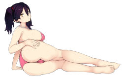 Rule 34 | 1girl, ass, bare legs, bare shoulders, barefoot, bikini, black hair, breasts, cameltoe, closed mouth, collarbone, commentary request, covered erect nipples, from behind, ginji74, hair between eyes, hair tie, halterneck, hand on own ass, highres, large breasts, looking at viewer, looking back, lying, medium hair, on side, original, pink bikini, sideboob, simple background, soles, solo, swimsuit, thighs, white background, yellow eyes