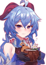 Rule 34 | 1girl, absurdres, ahoge, bare shoulders, bell, black gloves, blue hair, blush, coconut, detached sleeves, drinking straw, flying sweatdrops, fruit cup, ganyu (genshin impact), genshin impact, gloves, highres, horns, long hair, looking at viewer, neck bell, purple eyes, sidelocks, solo, sweat, upper body, wavy mouth, white background, white sleeves, yumesphere