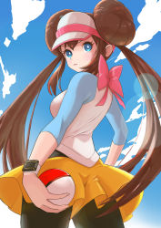 Rule 34 | 1girl, absurdres, black pantyhose, blue eyes, bow, bright pupils, brown hair, closed mouth, cloud, commentary request, creatures (company), day, double bun, doughnut hair bun, eyelashes, from below, game freak, hair bun, highres, holding, holding poke ball, kunimaki, lens flare, long hair, looking back, nintendo, outdoors, pantyhose, pantyhose under shorts, pink bow, poke ball, poke ball (basic), pokemon, pokemon bw2, rosa (pokemon), short shorts, shorts, sky, solo, twintails, visor cap, white pupils, yellow shorts