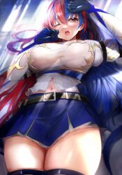 Rule 34 | 1girl, adapted costume, alear (female) (fire emblem), alear (fire emblem), blue hair, blush, breasts, crossed bangs, fire emblem, fire emblem engage, gloves, highres, jewelry, large breasts, long hair, looking at viewer, lying, multicolored hair, navel, nintendo, on back, one eye closed, open mouth, red eyes, red hair, see-through, solo, split-color hair, thick thighs, thighhighs, thighs, tiara, tongari, two-tone hair, very long hair, yawning