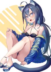 Rule 34 | 1girl, :d, animal ear fluff, animal ears, bikini, black bikini, black hair, blue footwear, blue hair, blue jacket, breasts, cat ears, cat girl, cat tail, clothes down, fang, full body, highres, jacket, long hair, long sleeves, looking at viewer, mitake eil, open clothes, open jacket, open mouth, original, sandals, skin fang, small breasts, smile, swimsuit, tail