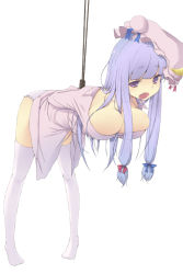 Rule 34 | 1girl, arms behind back, bdsm, bondage, bound, breasts, cleavage, collarbone, crescent, crescent hair ornament, female focus, hair ornament, hair ribbon, hat, highres, large breasts, long hair, mob cap, muranisaki, open mouth, panties, patchouli knowledge, purple eyes, purple hair, ribbon, simple background, solo, suspension, thighhighs, touhou, underwear, white background, white thighhighs