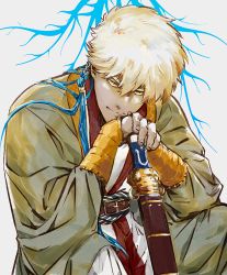 Rule 34 | 1boy, belt, blonde hair, bracer, hair between eyes, looking at viewer, male focus, pixiv fantasia, pixiv fantasia age of starlight, sbserpent, sheath, sheathed, simple background, sitting, solo, tassel, white background