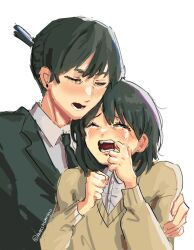 Rule 34 | 1boy, 1girl, black hair, black jacket, black necktie, chainsaw man, collared shirt, crying, earrings, formal, hayakawa aki, height difference, highres, himeno&#039;s younger sister (chainsaw man), jacket, jewelry, masshumaro, necktie, open mouth, sad, shirt, short hair, simple background, stud earrings, suit, sweater, sweater vest, topknot, twitter username, white background, white shirt, yellow sweater