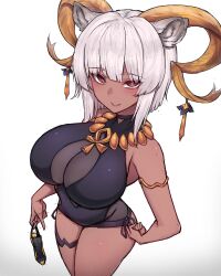 Rule 34 | 1girl, absurdres, animal ears, arknights, armlet, bare shoulders, black one-piece swimsuit, blunt bangs, blush, breasts, carnelian (arknights), carnelian (shimmering dew) (arknights), casual one-piece swimsuit, cleavage, cowboy shot, dark-skinned female, dark skin, from above, goat ears, goat girl, goat horns, highres, holding, holding shoes, horns, impossible clothes, impossible swimsuit, jewelry, large breasts, looking at viewer, looking up, necklace, official alternate costume, one-piece swimsuit, parted lips, red eyes, rikuguma, shoes, unworn shoes, short hair, smile, solo, swimsuit, thigh strap, white hair