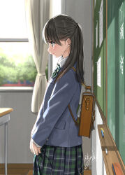 Rule 34 | 1girl, backpack, bag, black hair, blazer, blue eyes, blue jacket, blush, bow, bowtie, chalk, chalkboard, classroom, closed mouth, collared shirt, commentary request, curtains, day, from side, green bow, green bowtie, green skirt, highres, indoors, jacket, long hair, long sleeves, looking ahead, nervous, original, plaid, plaid skirt, pleated skirt, profile, school uniform, shirt, signature, skirt, solo, soragane (banisinngurei), standing, sunlight, white shirt, window, window shadow