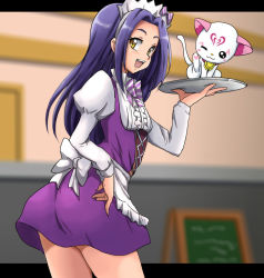 Rule 34 | 10s, 1girl, :d, bow, cat, cowboy shot, hairband, hummy (suite precure), juliet sleeves, kurokawa eren, letterboxed, long hair, long sleeves, looking at viewer, looking back, open mouth, precure, puffy sleeves, purple hair, purple skirt, seiren (suite precure), skirt, smile, striped, striped bow, suite precure, tray, uraki, waitress, white bow, yellow eyes