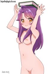 Rule 34 | 1girl, 2021, ahoge, arms up, book, book on head, breasts, brown eyes, censored, closed mouth, completely nude, dated, ginko (silver fox), hair down, hair over breasts, long hair, mosaic censoring, navel, nipples, nude, object on head, precure, purple hair, small breasts, smile, solo, standing, straight hair, suzumura sango, tropical-rouge! precure, watermark, web address