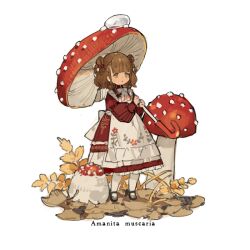 Rule 34 | 1girl, :o, apron, blunt bangs, blush, bow, bowtie, braid, braided hair rings, brown eyes, brown footwear, brown hair, buttons, double bun, dress, floral print, flower, fly agaric, hair bun, hair rings, holding, holding umbrella, long sleeves, looking ahead, mary janes, mushroom, mushroom girl, mushroom umbrella, open mouth, original, personification, plant, puffy long sleeves, puffy sleeves, red dress, red flower, scientific name, shoes, short hair, starshadowmagician, twin braids, umbrella, water drop, white apron, white background, white bow, white bowtie