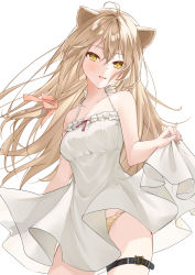Rule 34 | 1girl, ahoge, animal ears, bare arms, belt, blush, breasts, clothes lift, collarbone, crossed bangs, dress, dress lift, frilled dress, frills, hair ribbon, halterneck, highres, indie virtual youtuber, lifted by self, light brown hair, lion ears, long hair, looking at viewer, open mouth, panties, ribbon, rurudo lion, rurudo lion (1st costume), shinomiya ino, simple background, skirt hold, sleeveless, sleeveless dress, small breasts, smile, solo, spaghetti strap, striped clothes, striped panties, sundress, thigh belt, thigh strap, underwear, virtual youtuber, white background, white dress, yellow eyes