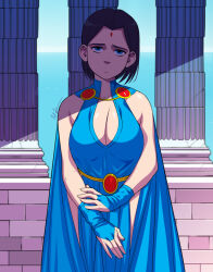 Rule 34 | 1girl, alternate costume, belt, black hair, blue eyes, breasts, cape, closed mouth, colored skin, commentary, dc comics, english commentary, exmile, fingerless gloves, forehead jewel, gloves, grey skin, large breasts, looking at viewer, nervous, raven (dc), short hair, solo, standing, teen titans