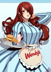 Rule 34 | 1girl, alternate costume, apron, blue dress, brooch, burger, closed mouth, commentary, dress, drill hair, eightyfourart, employee uniform, english commentary, fast food uniform, food, french fries, hair over one eye, highres, holding, holding tray, jewelry, kirijou mitsuru, lips, lipstick, long hair, long sleeves, looking at viewer, makeup, one eye covered, persona, persona 3, persona 3 reload, red eyes, red hair, red lips, smile, solo, striped clothes, striped dress, tray, uniform, waist apron, wendy&#039;s
