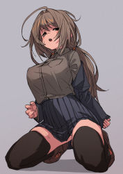 Rule 34 | 1girl, ahoge, black jacket, black skirt, black thighhighs, boots, breast pocket, breasts, brown footwear, brown hair, brown shirt, check copyright, collared shirt, copyright request, fu-ta, grey background, high-waist skirt, jacket, kneeling, large breasts, long hair, looking at viewer, low twintails, miniskirt, off shoulder, open clothes, open jacket, open mouth, original, panties, panty peek, pleated skirt, pocket, shirt, shirt tucked in, simple background, skirt, solo, sweat, thighhighs, twintails, underwear