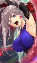 Rule 34 | 1girl, armpits, blue eyes, blush, breasts, chromatic aberration, detached sleeves, earrings, fate/grand order, fate (series), hair ornament, japanese clothes, jewelry, katana, kimono, large breasts, looking at viewer, miyamoto musashi (fate), miyamoto musashi (first ascension) (fate), open mouth, pink hair, ponytail, sash, sitting, solo, sword, thighhighs, weapon