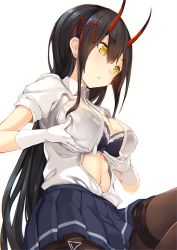 Rule 34 | 1girl, azur lane, black hair, black pantyhose, blue bra, blue skirt, bra, breast hold, breasts, cleavage, collared shirt, cowboy shot, eorx, gloves, hair between eyes, hair ornament, hands on own chest, horn ornament, horns, lace, lace-trimmed bra, lace trim, long hair, looking down, medium breasts, midriff, miniskirt, navel, open clothes, open shirt, pantyhose, parted lips, pleated skirt, shirt, short sleeves, simple background, skirt, solo, straight hair, suzuya (azur lane), unbuttoned, unbuttoned shirt, underwear, white background, white gloves, white shirt, yellow eyes