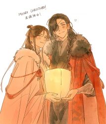 Rule 34 | 2boys, bandaged neck, bandages, black hair, black hanfu, blush, bracer, braid, brown eyes, brown hair, cape, chinese clothes, chinese text, christmas, cloak, closed mouth, couple, earrings, english text, eyepatch, fur-trimmed cloak, fur trim, hair bun, hair ornament, hair ribbon, hanfu, heart, highres, holding, holding lantern, hua cheng, jewelry, kkcoocool, lantern, leaf print, long hair, long sleeves, looking at another, looking at viewer, male focus, maple leaf print, multiple boys, open mouth, parted bangs, red cloak, red ribbon, ribbon, side braid, simple background, single braid, single hair bun, smile, tianguan cifu, upper body, white background, white cloak, white hanfu, white ribbon, wide sleeves, xie lian, yaoi, yellow eyes