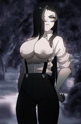 Rule 34 | 1girl, angry, large nipples, black hair, black pants, breasts, highres, i&#039;m the grim reaper, large breasts, long hair, mature female, micky61201, nipples, nude filter, pants, shirt, solo, third-party edit, webtoon, white shirt, wide hips, yellow eyes