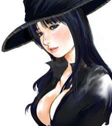 Rule 34 | 1girl, blue eyes, blue hair, breasts, cleavage, coat, hat, jaya, kazaana, large breasts, long hair, looking at viewer, matching hair/eyes, nico robin, one piece, realistic, simple background, solo, white background