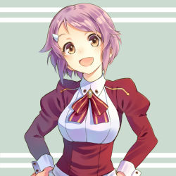Rule 34 | 10s, 1girl, :d, bob cut, freckles, hair ornament, hairclip, hands on own hips, juliet sleeves, lisbeth (sao), long sleeves, looking at viewer, md5 mismatch, open mouth, pink hair, puffy sleeves, short hair, simple background, smile, solo, sword art online, t-okada, upper body, yellow eyes