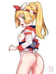 Rule 34 | 1girl, :d, ass, blonde hair, blush, braid, commentary request, cosplay, creatures (company), eyelashes, from behind, fundoshi, game freak, green eyes, highres, hilda (pokemon) (cosplay), hilda (summer 2022) (pokemon) (cosplay), jacket, japanese clothes, kinocopro, lillie (pokemon), long hair, looking back, nintendo, open mouth, pokemon, pokemon masters ex, pokemon sm, ponytail, sash, simple background, smile, solo, steam, tongue, white background, white jacket