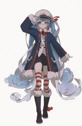 Rule 34 | 1girl, animal, arm up, black coat, black footwear, black necktie, black shorts, blue hair, boots, buttons, coat, colored tips, commentary, crab, double-breasted, film grain, full body, fur-trimmed boots, fur-trimmed coat, fur trim, hair ribbon, hat, hatsune miku, jacket, long hair, looking at viewer, military, military uniform, multicolored hair, naval uniform, necktie, peaked cap, red hair, red ribbon, red shirt, red thighhighs, ribbon, shirt, short shorts, shorts, skindentation, solo, standing, striped clothes, striped thighhighs, thighhighs, tvtcoocoo, twintails, uniform, v, very long hair, vocaloid, wavy hair, white background, white hair, white hat, white jacket, yuki miku, yuki miku (2022)