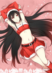 1girl, akame, akame ga kill!, armpits, arms up, bandeau, bangs, belt, belt buckle, black belt, black hair, boots, breasts, buckle, cleavage, closed mouth, collarbone, detached sleeves, eyebrows visible through hair, from above, fur-trimmed boots, fur-trimmed skirt, fur-trimmed sleeves, fur trim, gradient hair, hair between eyes, highres, knee boots, long hair, long sleeves, looking at viewer, lying, midriff, miniskirt, multicolored hair, navel, on back, pink background, red eyes, red footwear, red hair, red skirt, red sleeves, santa costume, skirt, small breasts, smile, solo, stomach, tashiro tetsuya, very long hair