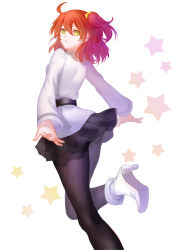 Rule 34 | 1girl, ahoge, black pantyhose, boots, fate/grand order, fate (series), from behind, from below, fujimaru ritsuka (female), high heel boots, high heels, mitsuki hana, orange hair, pantyhose, side ponytail, solo, standing, standing on one leg, star (symbol), starry background, thighs, type-moon, white background, yellow eyes