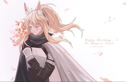Rule 34 | animal ears, arknights, armor, blonde hair, breastplate, breasts, cape, cherry blossoms, cowboy shot, hand on own chest, happy birthday, headset, highres, horse ears, horse girl, horse tail, implied extra ears, large breasts, long hair, nearl (arknights), shusxida, tail, white armor